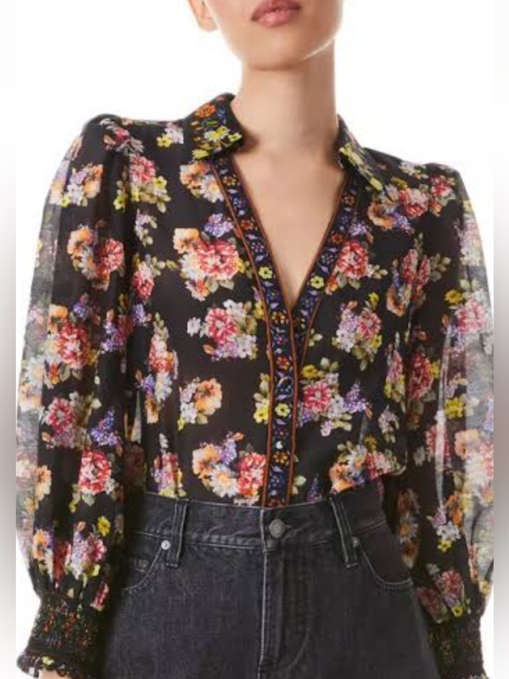 Alice + Olivia Black and floral button down blouse